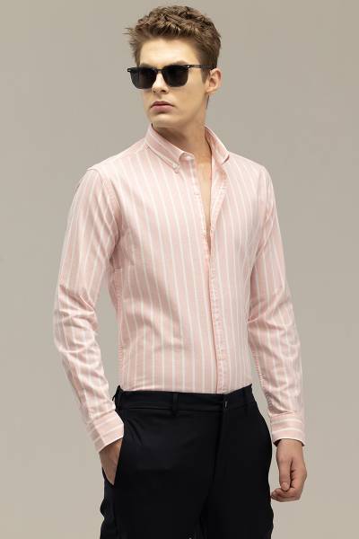 Snitch Men Striped Formal Pink Shirt