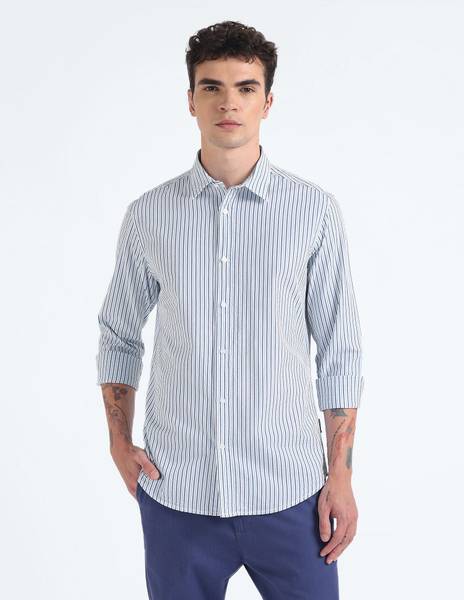 FLYING MACHINE Men Striped Casual Blue Shirt