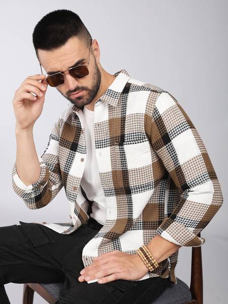 HERE&NOW Men Checkered Casual Brown Shirt