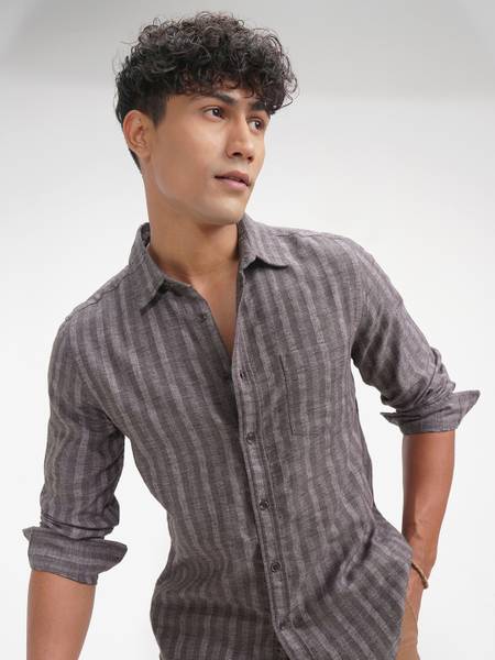HIGHLANDER Men Striped Casual Brown Shirt
