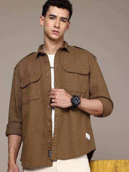 Roadster Men Self Design Casual Brown Shirt