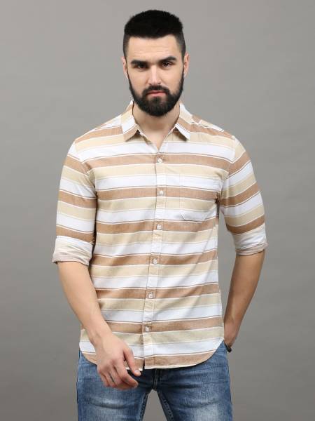 Rope Men Striped Casual Beige, Brown, White Shirt