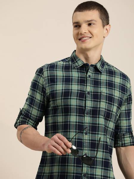 HERE&NOW Men Checkered Casual Green Shirt