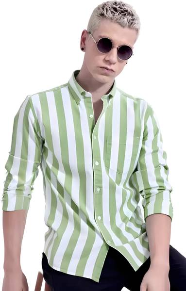 RODEIZ Men Striped Casual Green Shirt