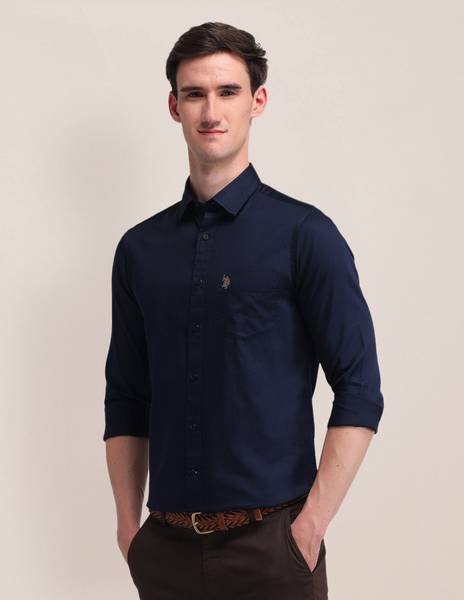 U.S. POLO ASSN. Men Solid Casual Dark Blue Shirt