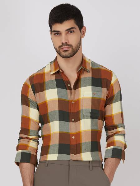 MUFTI Men Checkered Casual Orange Shirt