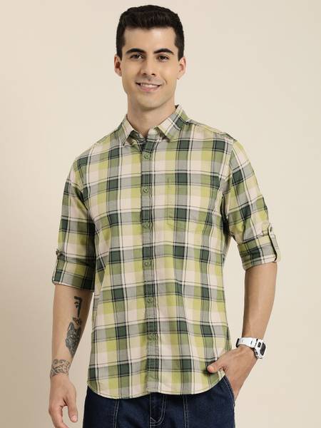 HERE&NOW Men Checkered Casual Green Shirt