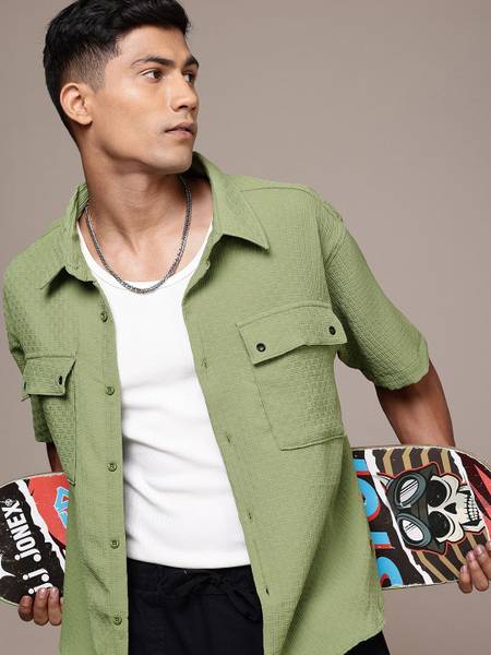 Roadster Men Self Design Casual Green Shirt