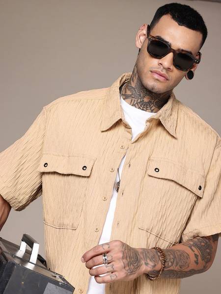 Roadster Men Self Design Casual Beige Shirt