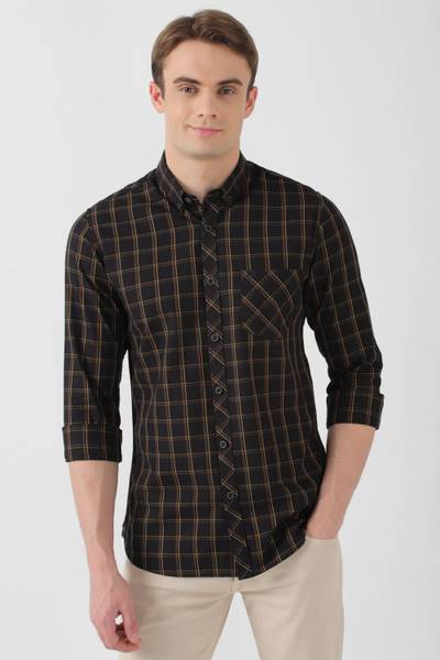 PETER ENGLAND Men Checkered Casual Black Shirt