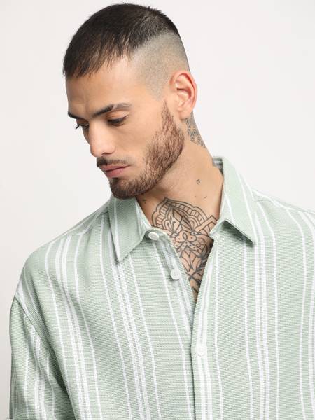 THE BEAR HOUSE Men Striped Casual Light Green Shirt