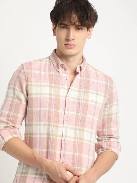 THE BEAR HOUSE Men Checkered Casual Pink Shirt