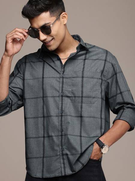 WROGN Men Checkered Casual Grey Shirt