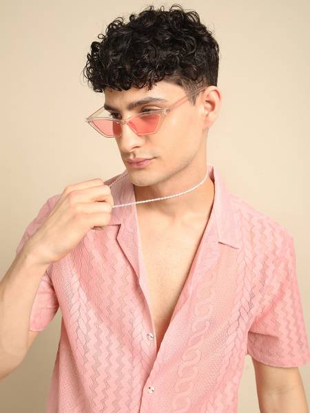 Voroxy Men Self Design Casual Pink Shirt