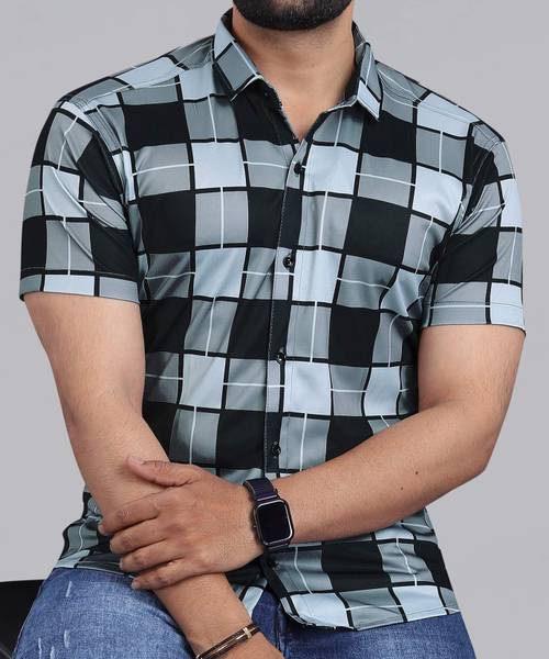sti Men Checkered Casual Black, Grey, Light Blue Shirt
