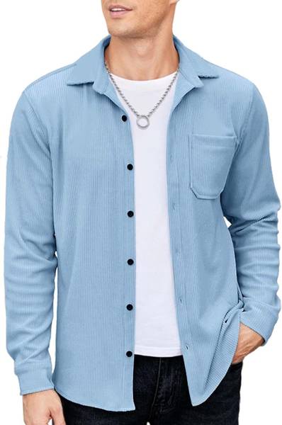 DEELMO Men Solid Casual Blue Shirt