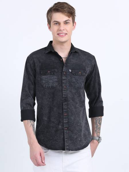 AIDAN PAUL Men Washed Casual Black Shirt