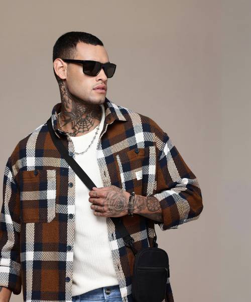 WROGN Men Checkered Casual Brown Shirt