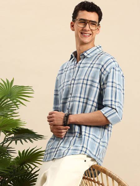 Mast & Harbour Men Checkered Casual Blue Shirt