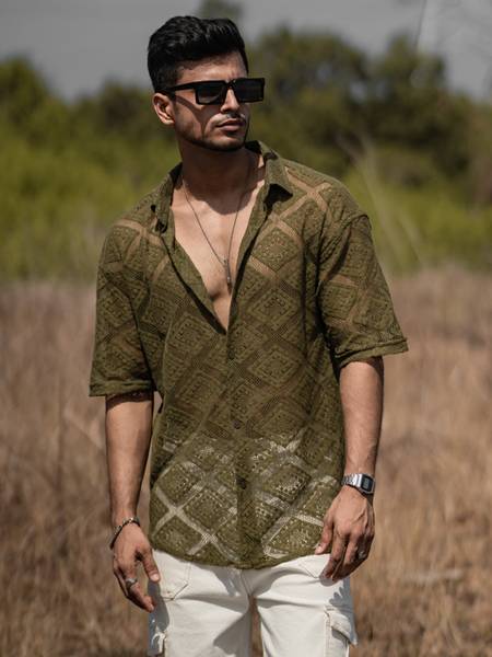 Powerlook Men Self Design Casual Green Shirt