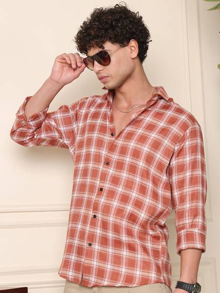 METRONAUT Men Checkered Casual Orange Shirt