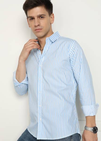 U TURN Men Striped Casual Blue Shirt