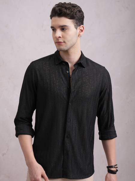 HIGHLANDER Men Self Design Casual Black Shirt