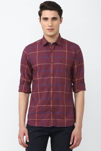 PETER ENGLAND Men Checkered Casual Maroon Shirt