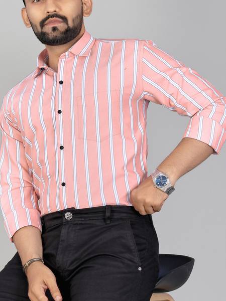 MILDIN Men Striped Casual Pink Shirt