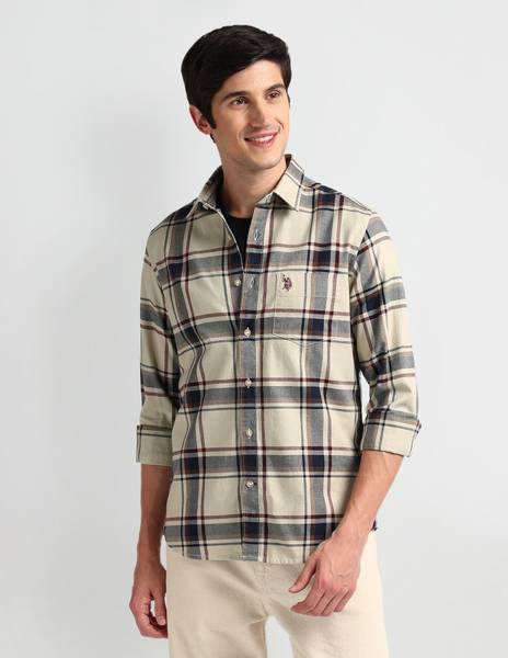 U.S. POLO ASSN. Men Checkered Casual Beige Shirt