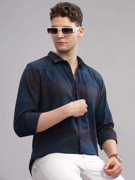 HERE&NOW Men Checkered Casual Blue Shirt