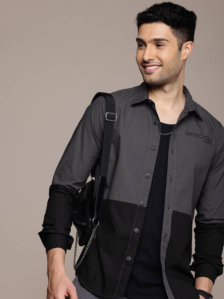 WROGN Men Color Block Casual Grey Shirt