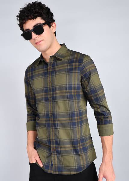 BEING HUMAN Men Checkered Casual Dark Green Shirt