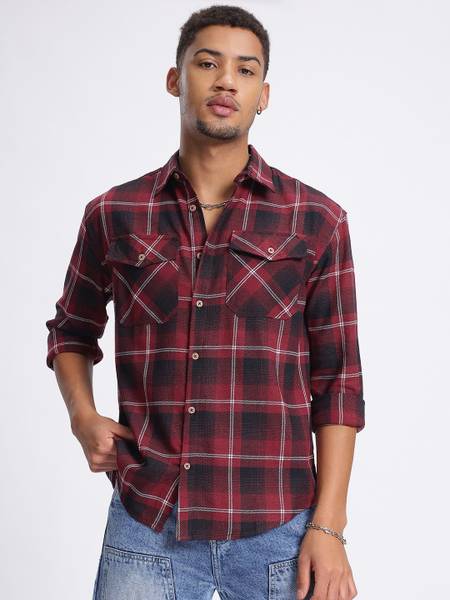 Glitchez Men Checkered Casual Red Shirt