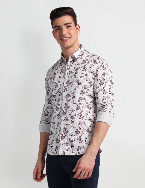 U.S. POLO ASSN. Men Printed Casual White, Maroon Shirt