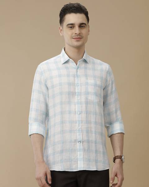 Linen Club Men Checkered Casual Blue Shirt