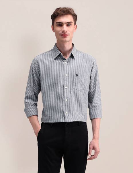 U.S. POLO ASSN. Men Striped Casual Grey Shirt