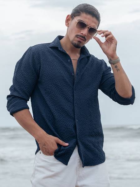 Powerlook Men Self Design Casual Blue Shirt