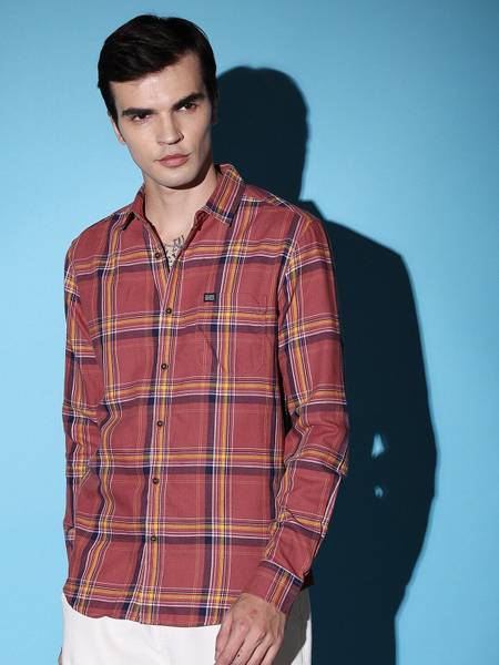 The Indian Garage Co. Men Checkered Casual Orange Shirt