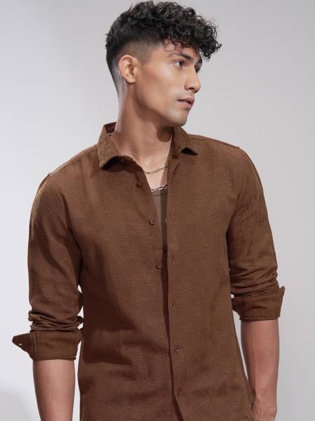 HIGHLANDER Men Self Design Casual Brown Shirt