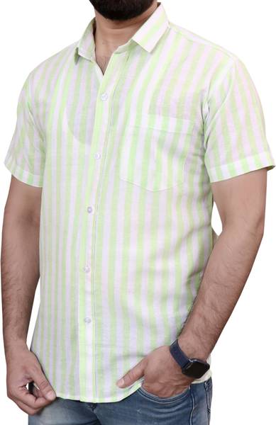 AuzaSho Collection Men Striped Casual Light Green Shirt