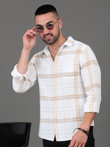 HERE&NOW Men Checkered Casual White Shirt