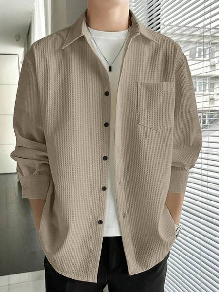 rocefas Men Checkered Casual Beige Shirt