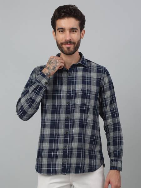 CANTABIL Men Checkered Casual Dark Blue Shirt
