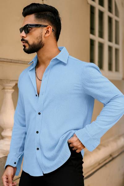 JACKBELLA Men Solid Casual Light Blue Shirt