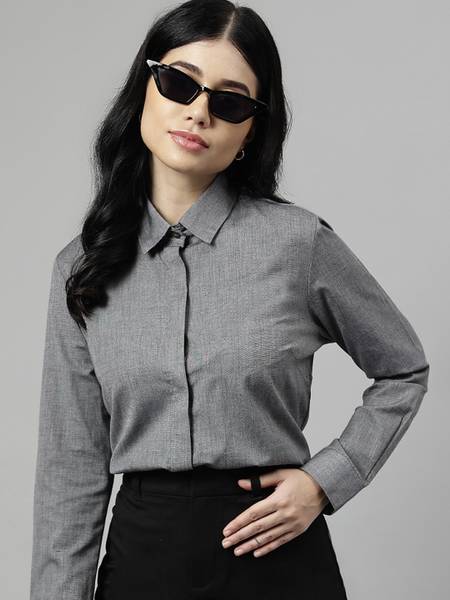 English Navy Women Self Design Formal Grey Shirt