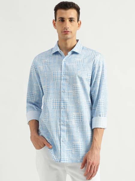 United Colors of Benetton Men Checkered Casual White, Light Blue Shirt