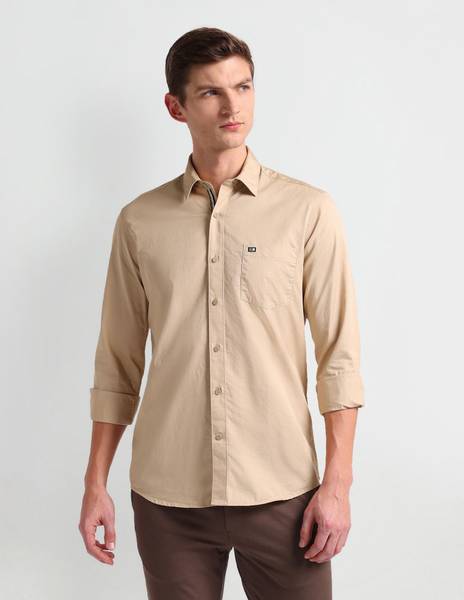 Arrow Sport Men Solid Casual Beige Shirt