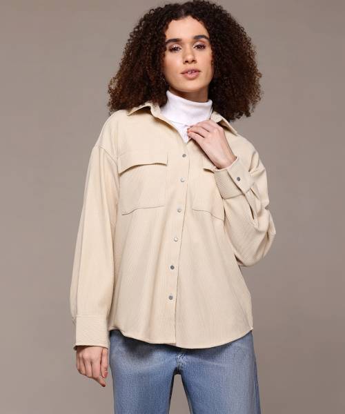 Roadster Women Self Design Casual Beige Shirt