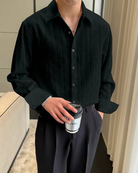 Men Self Design Casual Black Shirt